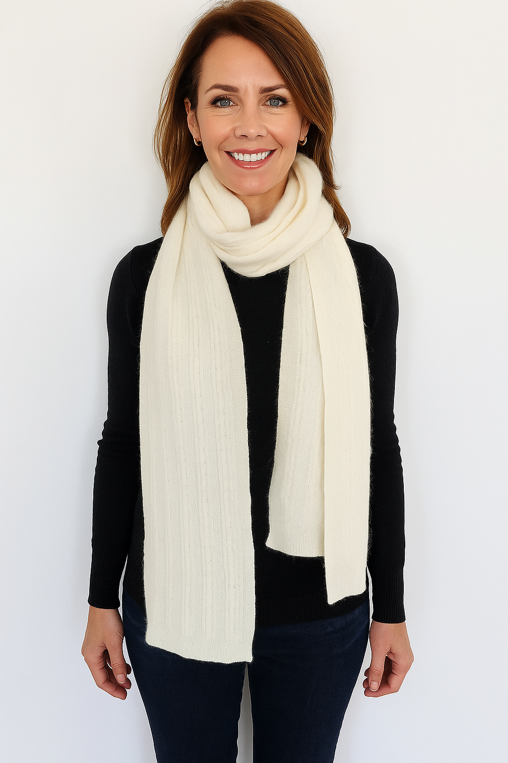 Angora and Wool | Knit Scarf (solid, beige) on model