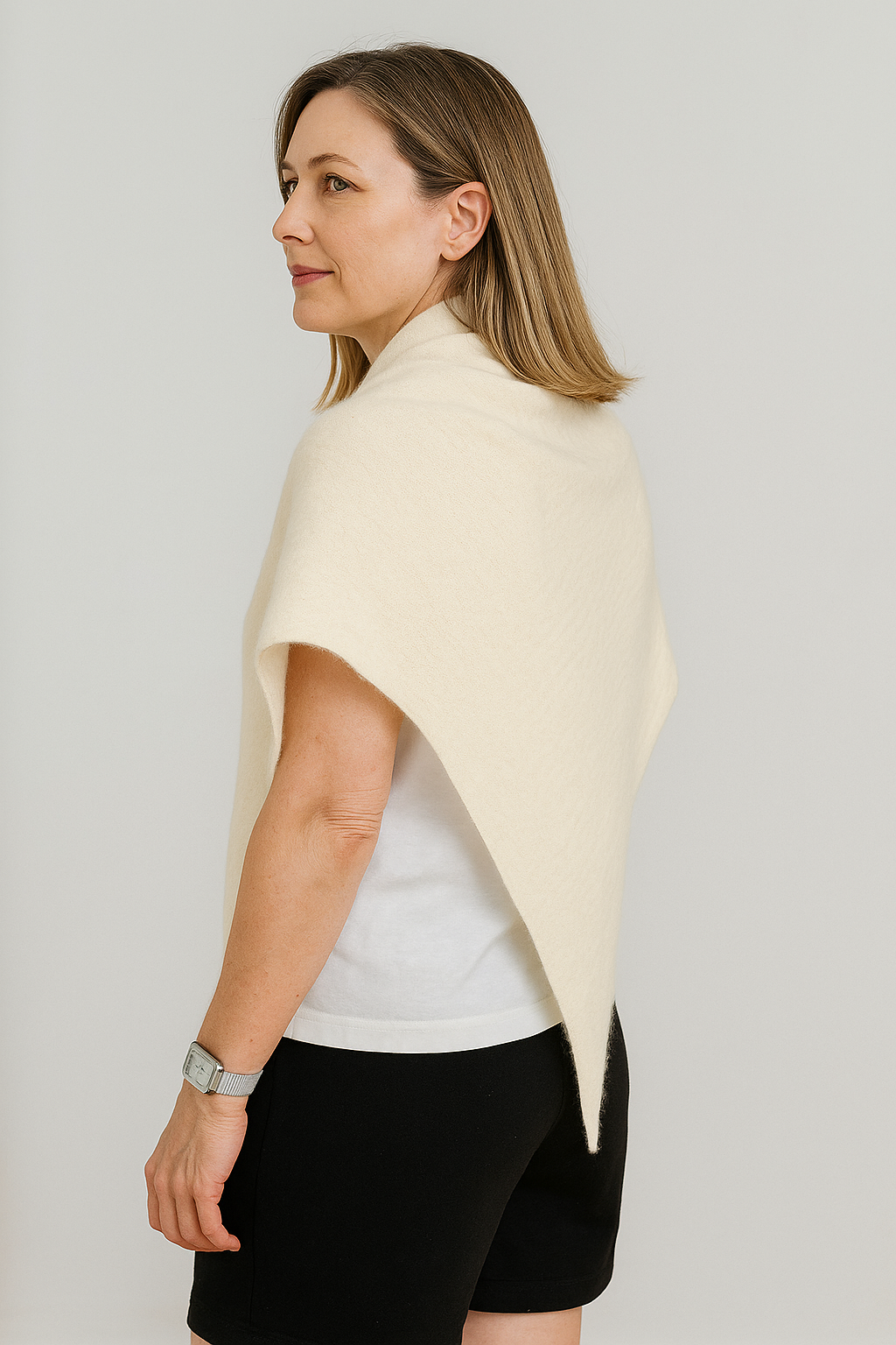 Angora and Wool | Triangle Knit Scarf (solid, beige) on model back
