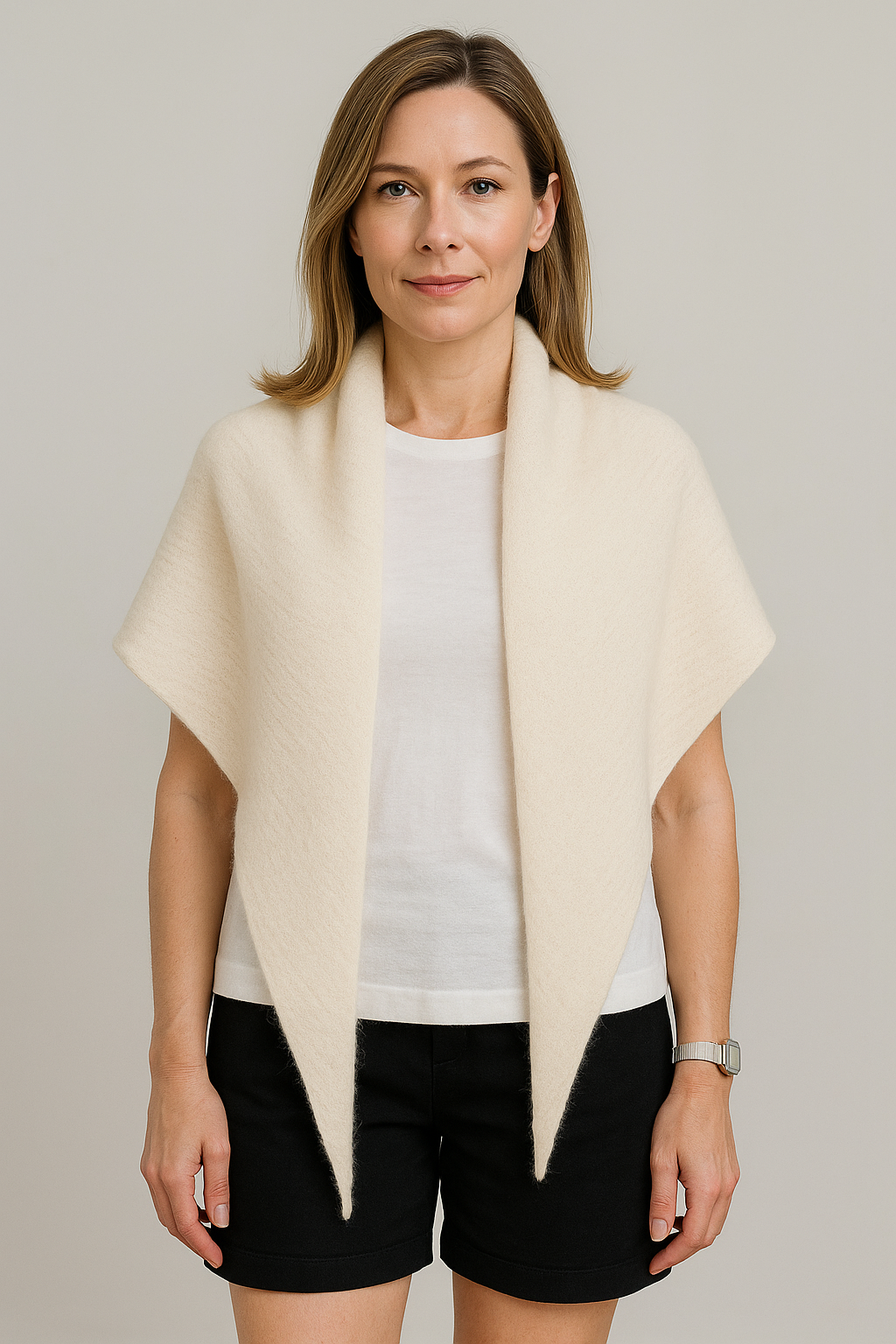 Angora and Wool | Triangle Knit Scarf (solid, beige) on model front