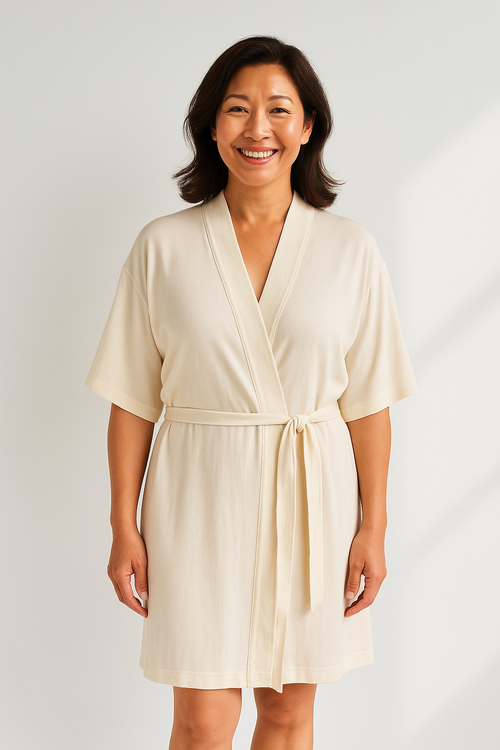 Tencel | Supreme Short-sleeve Robe in beige (on model)