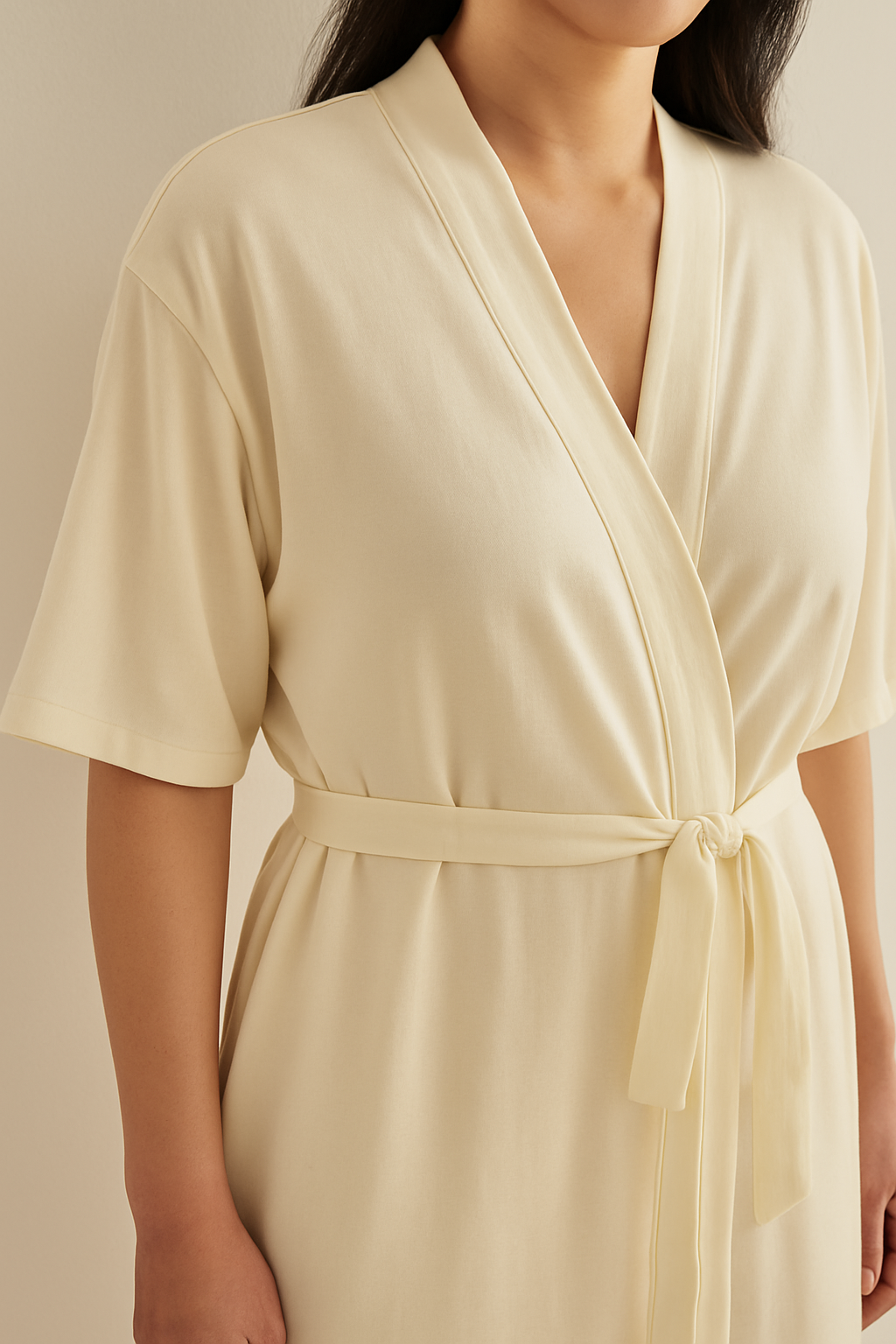 Tencel | Supreme Short-sleeve Robe in beige (on model, detail)