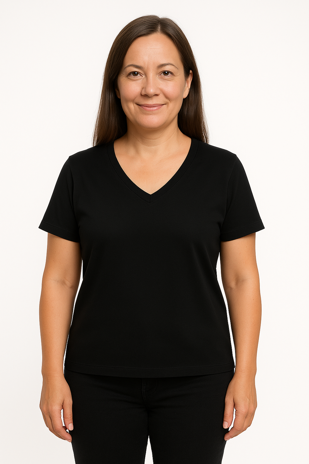 Tencel | Timeless Short-sleeve V-neck T-shirt in black (Women's) (on model)