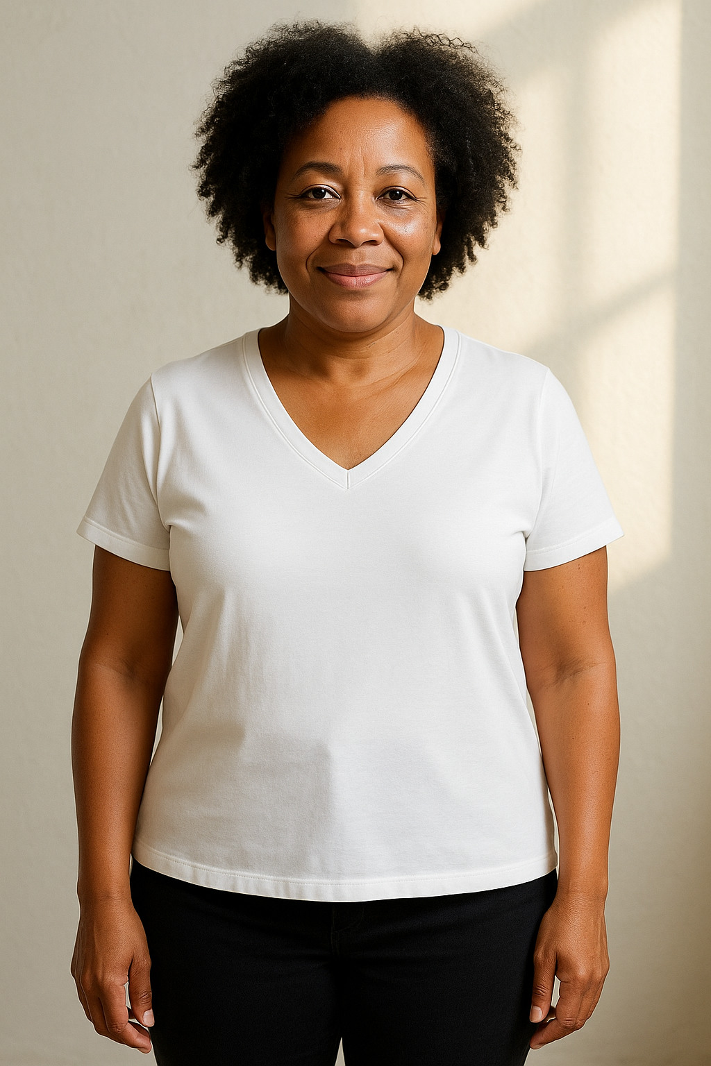 Tencel | Timeless Short-sleeve V-neck T-shirt in white (Women's) (on model)