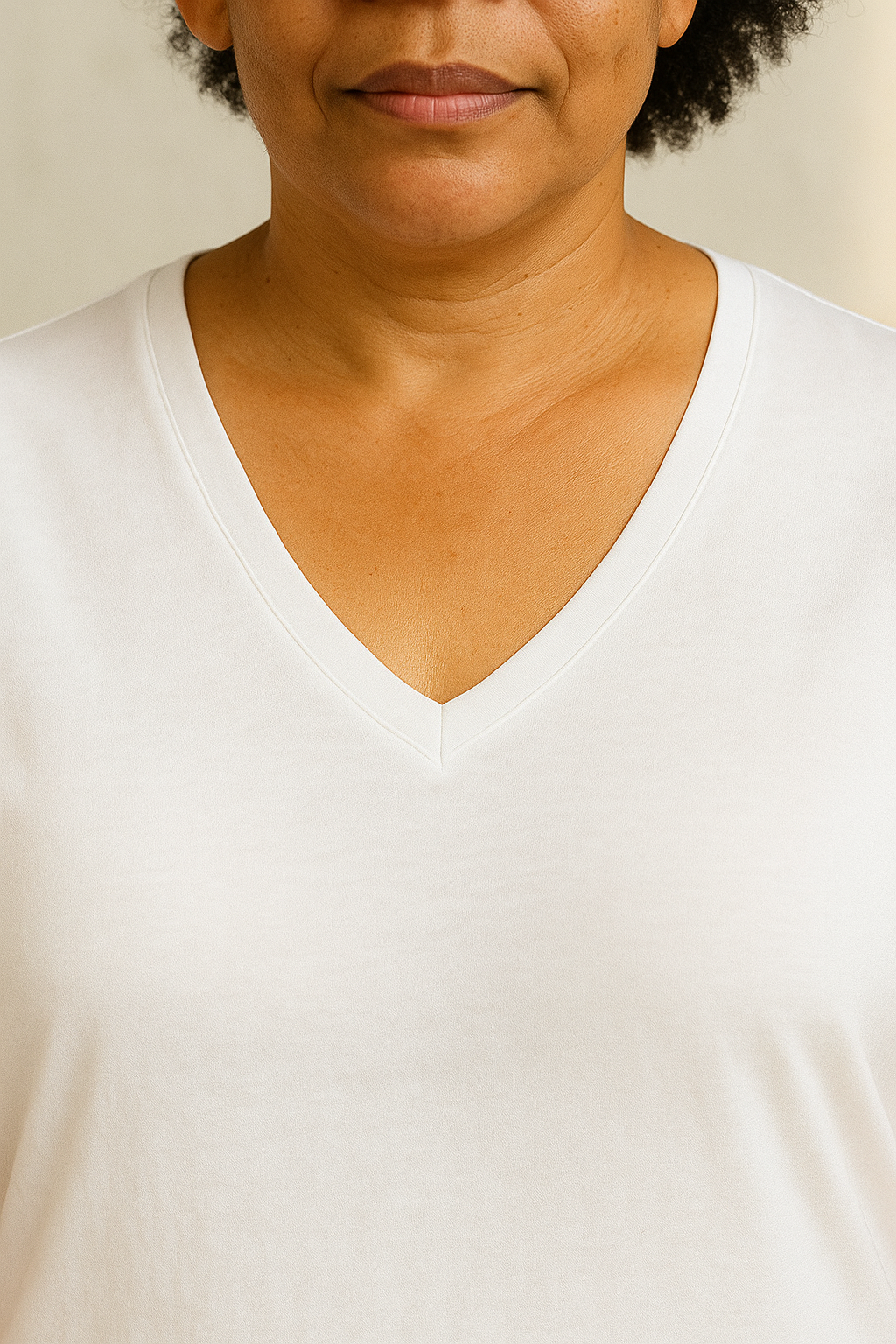 Tencel | Timeless Short-sleeve V-neck T-shirt in white (Women's) (on model, detail)