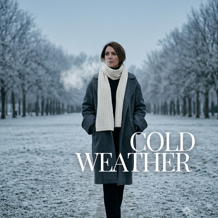 A woman stands in a snowy tree-lined path wearing a dark gray coat and a cream cable-knit scarf. Large white text reading 'COLD WEATHER' is overlaid on the right side.