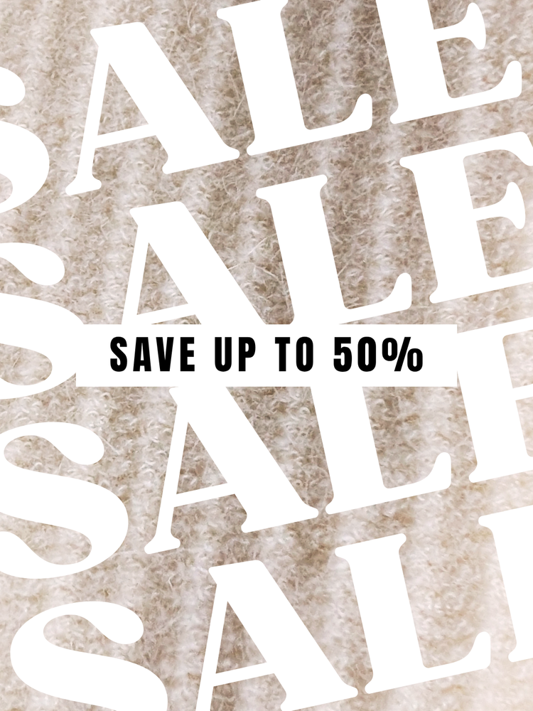 A promotional sale graphic with large white repeated 'SALE' text over a beige textured background and a central white banner reading 'SAVE UP TO 50%'.