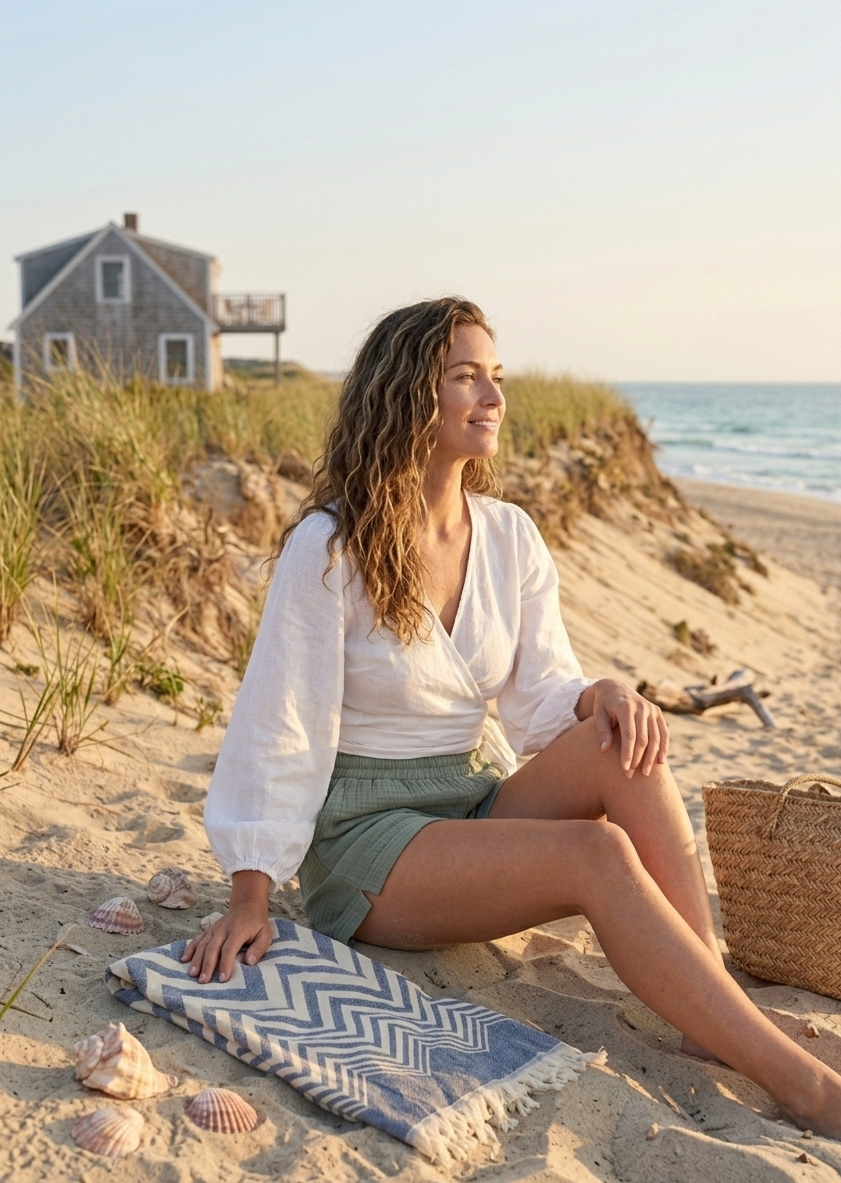 Woman sitting on a beach with a house and ocean in the background