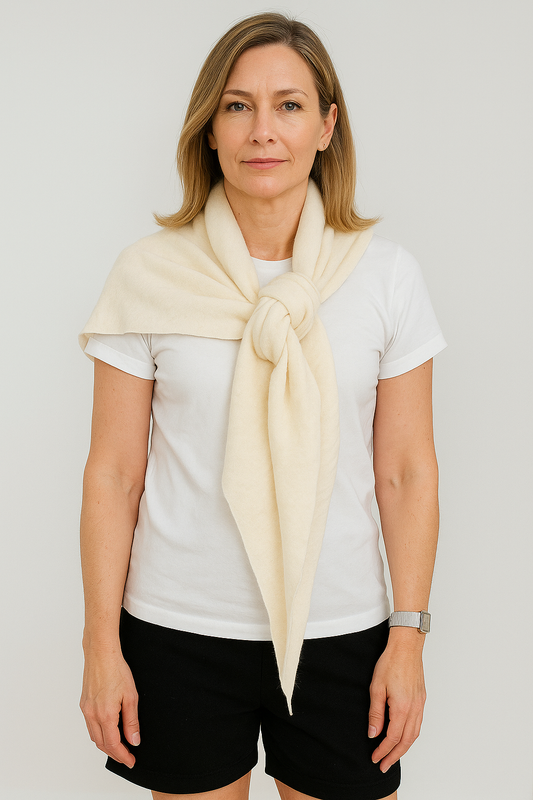 Angora and Wool | Triangle Knit Scarf (solid, beige) on model front tied 