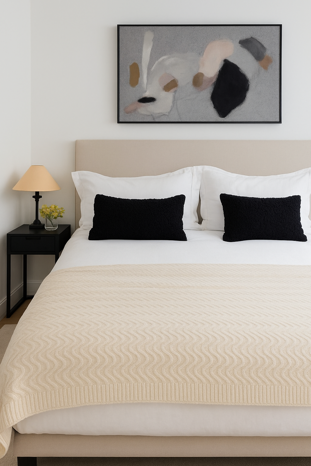 Angora and Wool | Ultra Soft Throw Blanket (solid, beige) (in situ, bedroom)