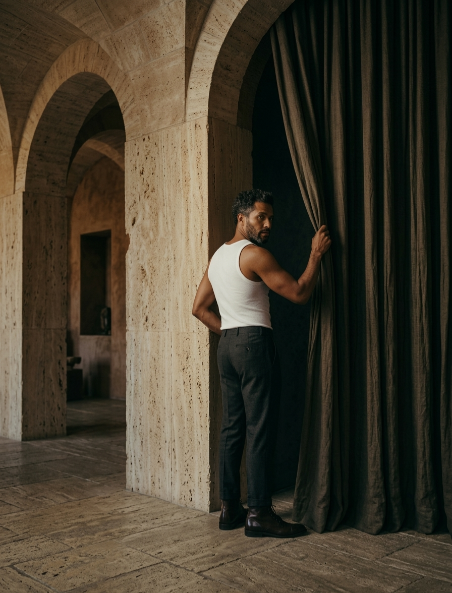 Angora and Wool sleeveless shirt (Men's) on model back