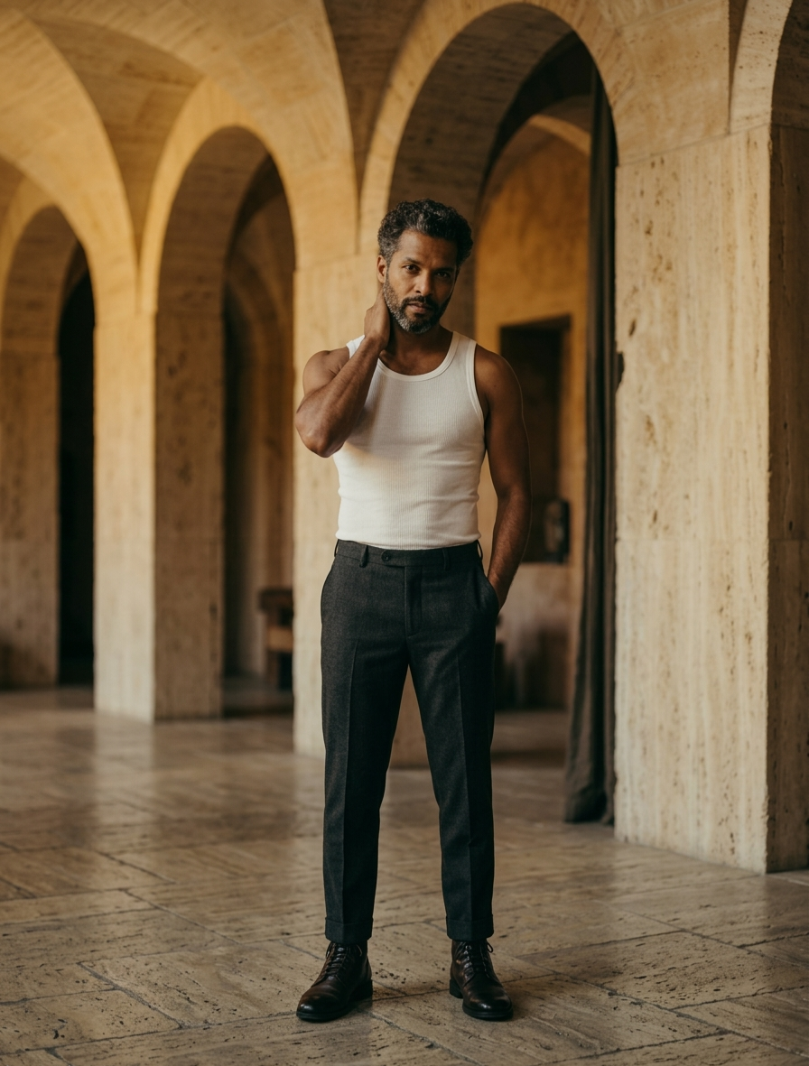 Angora and Wool sleeveless shirt (Men's) on model front