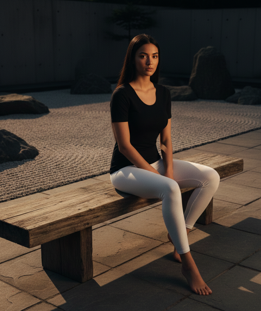 Base Layers | Short sleeve angora and silk base layer shirt for women (black). Woman sitting on a wooden bench in a serene outdoor setting