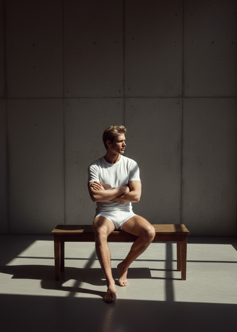 Man sitting on a wooden bench against a plain wall with minimal lighting