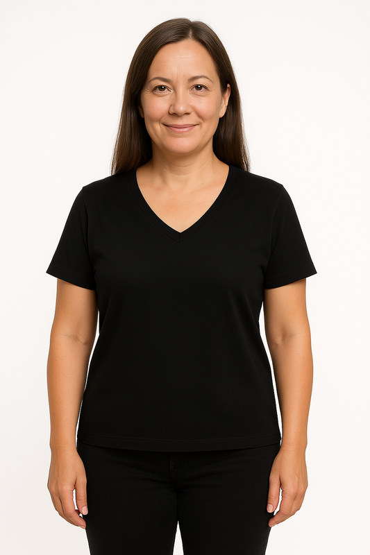 Tencel | Timeless Short-sleeve V-neck T-shirt in black (Women's) (on model)
