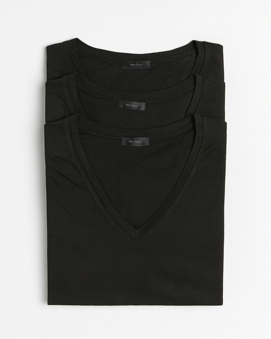 Three folded black Timeless Tencel Short-sleeve V-neck T-shirt  on a white background