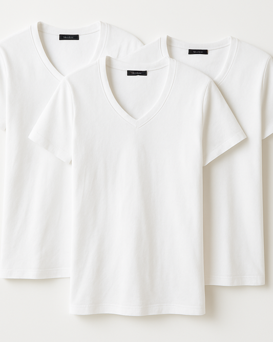 Three folded white Timeless Tencel Short-sleeve V-neck T-shirt  on a white background