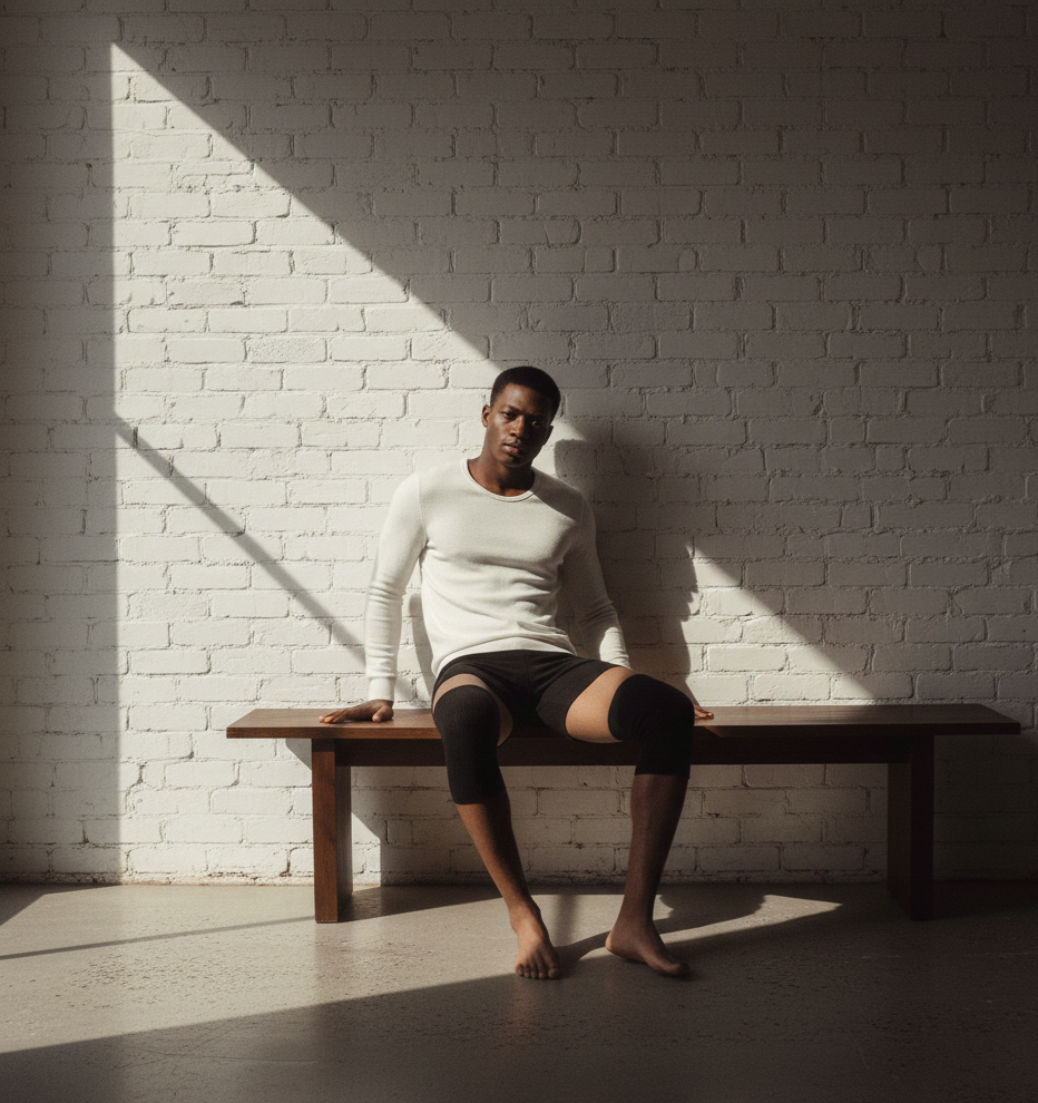 Warmers | Knee warmers (black, classic). Person sitting on a bench against a white brick wall with sunlight casting shadows.